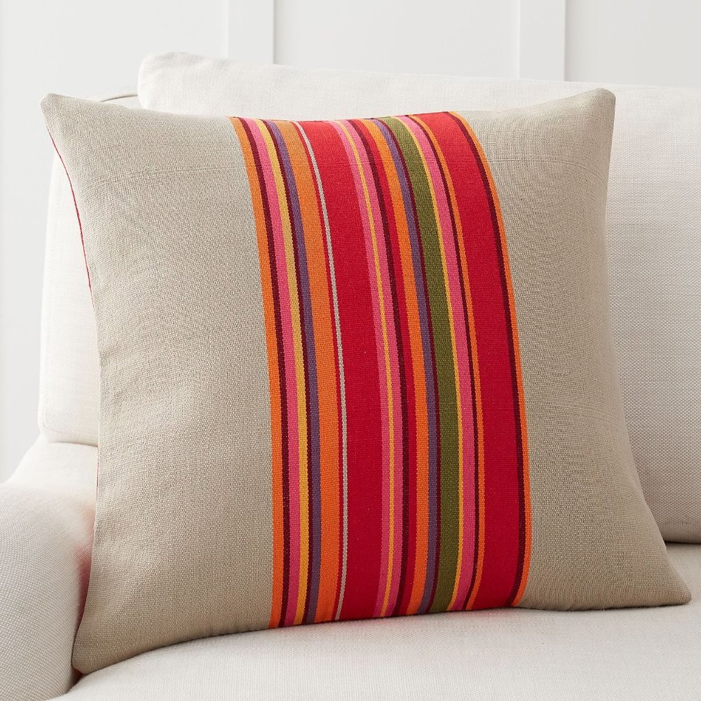 Pottery Barn Tan Red Contrast Multi Stripe Pillow Cover 20x20 Set of 2 NIP